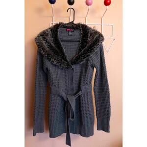 Y2K Say What Grey Cardigan with Faux Fur Hood